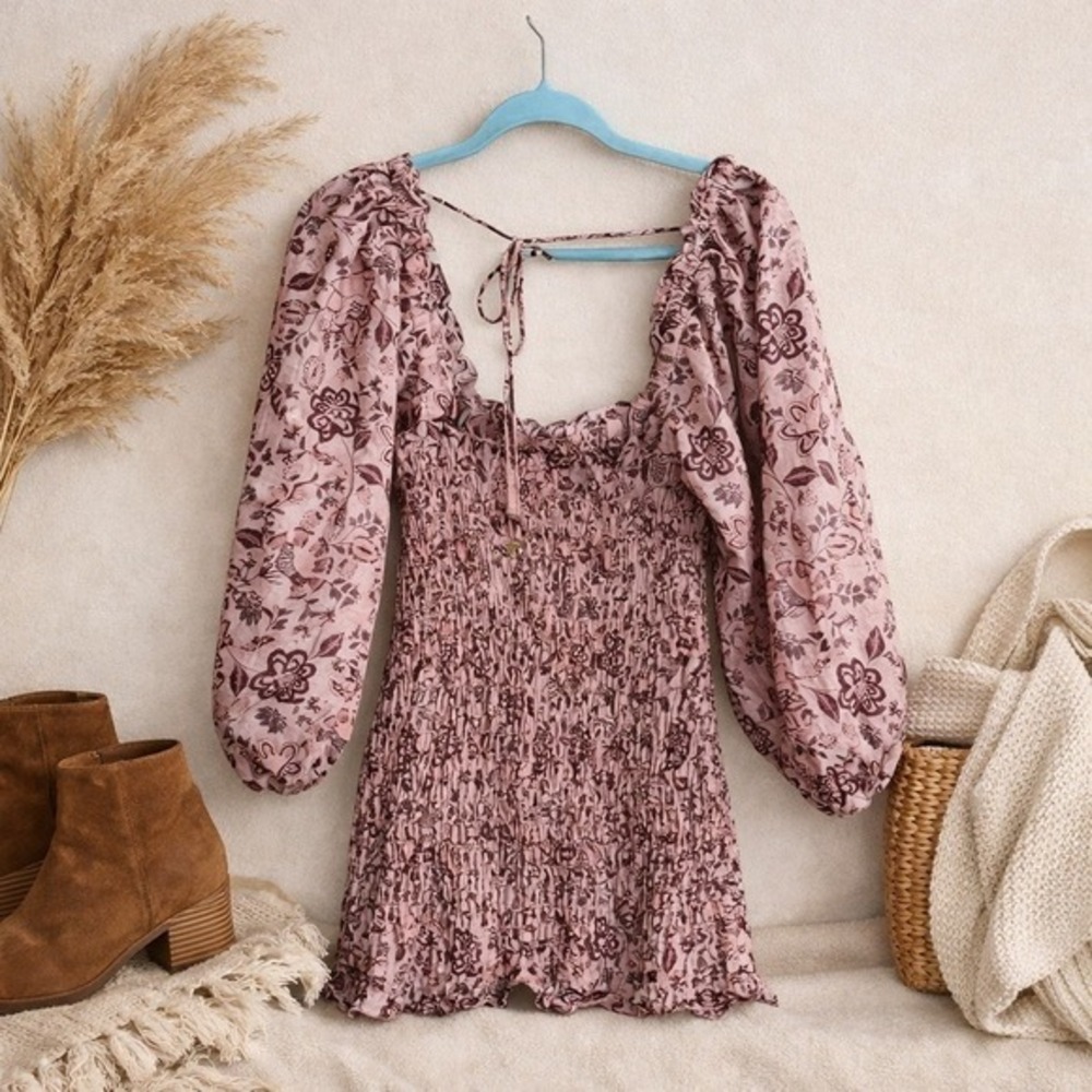 Free People Smocked Floral Mini Dress Puff Sleeve Open Back Cottagecore Boho M - Picture 2 of 6